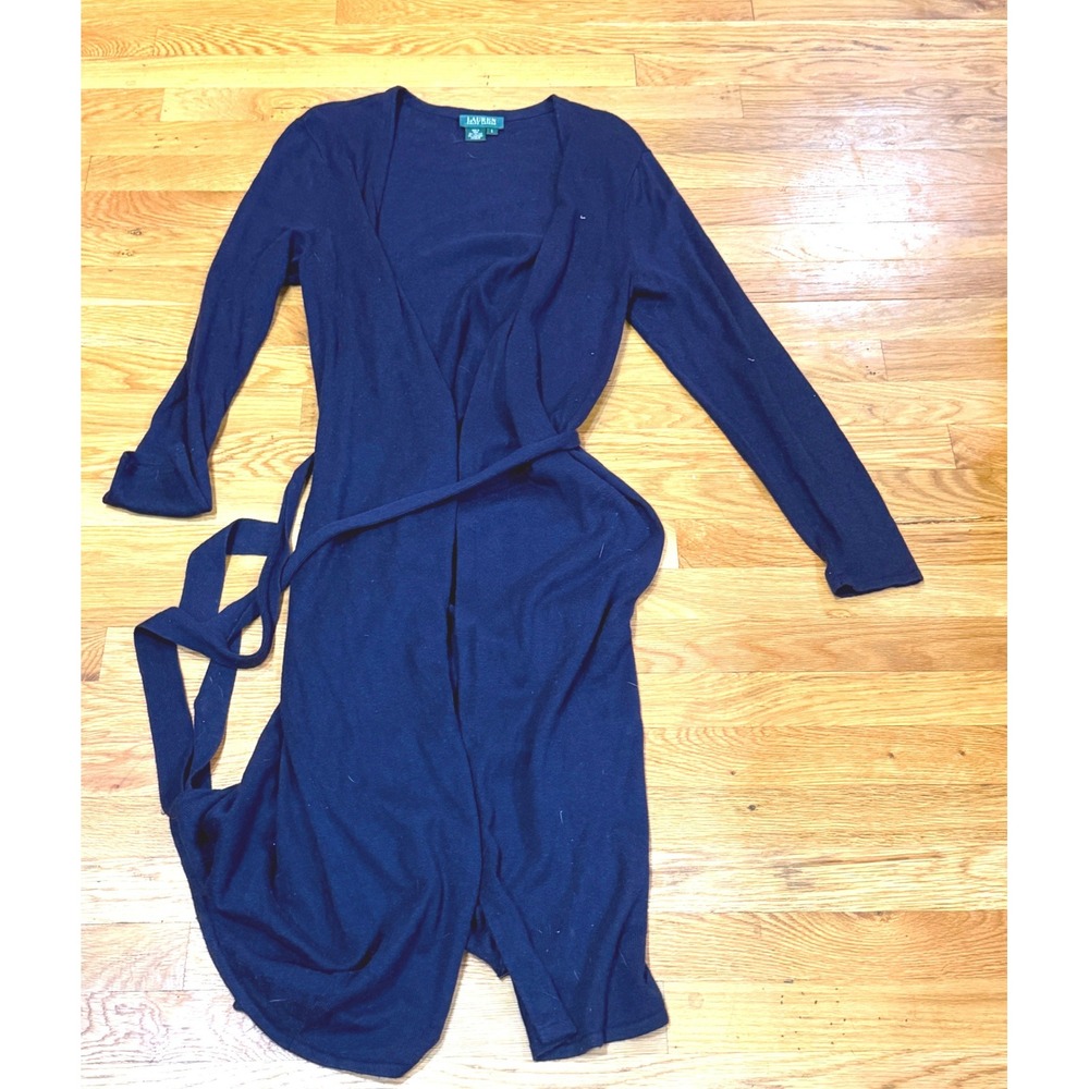 Lauren Ralph Lauren Navy Silk Cashmere Blend Belted Duster Cardigan Large